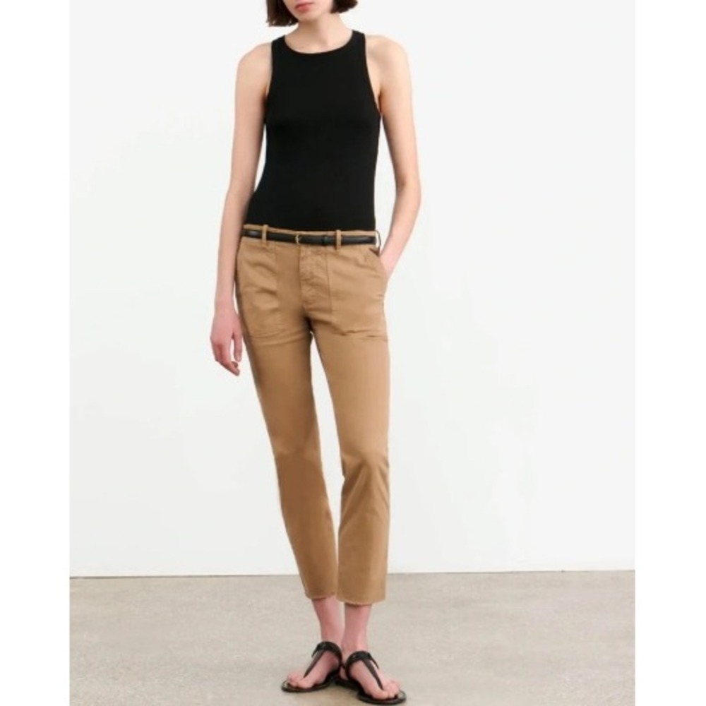 Nili Lotan Jenna Twill Pants Camel Tan Size 8 Frayed Hem Mid Rise Crop Chino